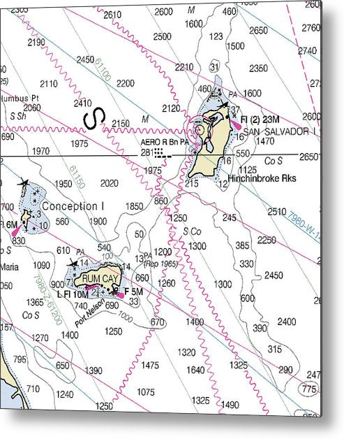 A beuatiful Metal Print of the San Salvador Bahamas Nautical Chart - Metal Print by SeaKoast.  100% Guarenteed!