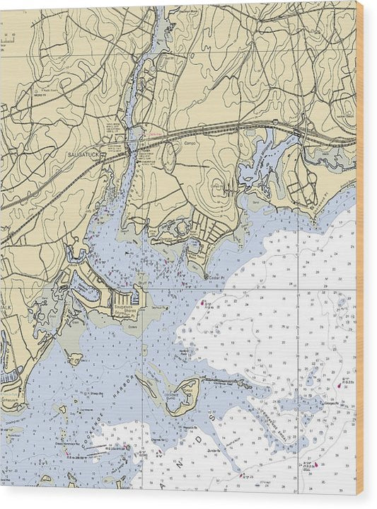 Saugatuck-Connecticut Nautical Chart Wood Print