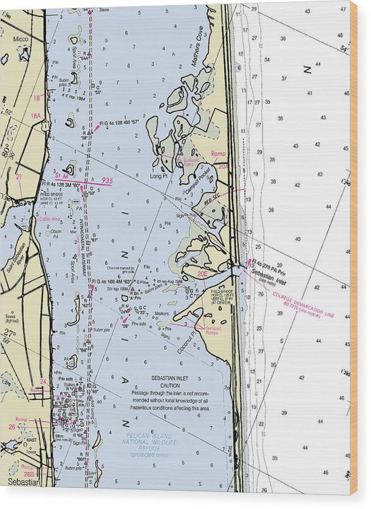 Sebastian Inlet Florida Nautical Chart Wood Print