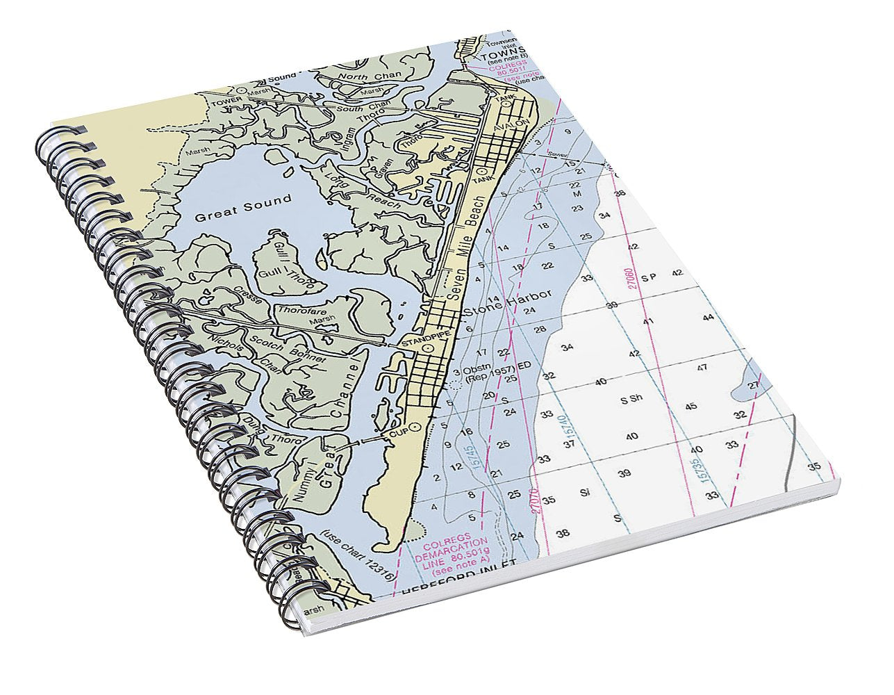 Seven Mile Beach New Jersey Nautical Chart - Spiral Notebook