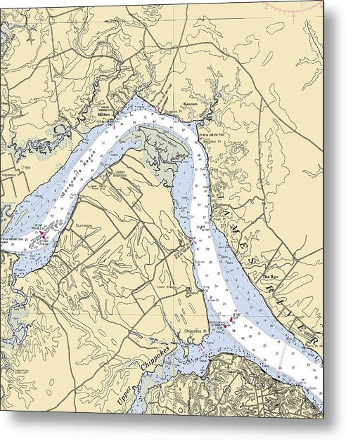 A beuatiful Metal Print of the Seven Mile Reach-Virginia Nautical Chart - Metal Print by SeaKoast.  100% Guarenteed!