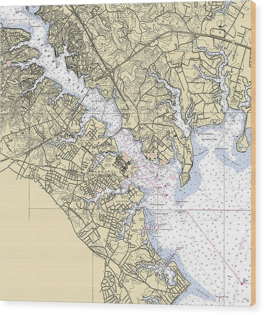 Severn River-Maryland Nautical Chart Wood Print