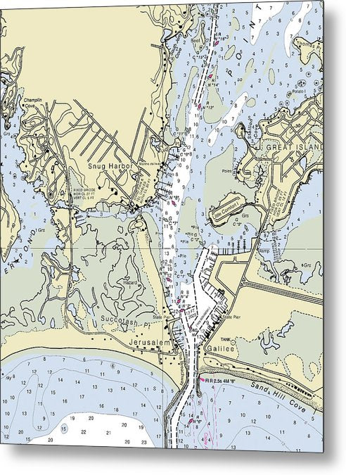 A beuatiful Metal Print of the Snug Harbor Rhode Island Nautical Chart - Metal Print by SeaKoast.  100% Guarenteed!