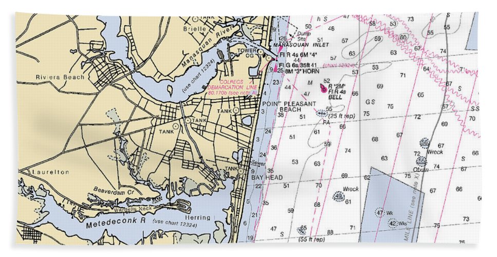 Spring Lake To Mantaloking-new Jersey Nautical Chart - Bath Towel