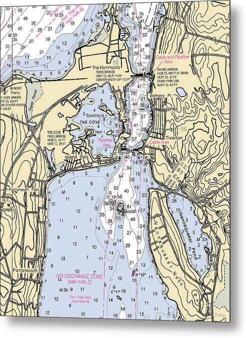 A beuatiful Metal Print of the Tiverton-Rhode Island Nautical Chart - Metal Print by SeaKoast.  100% Guarenteed!