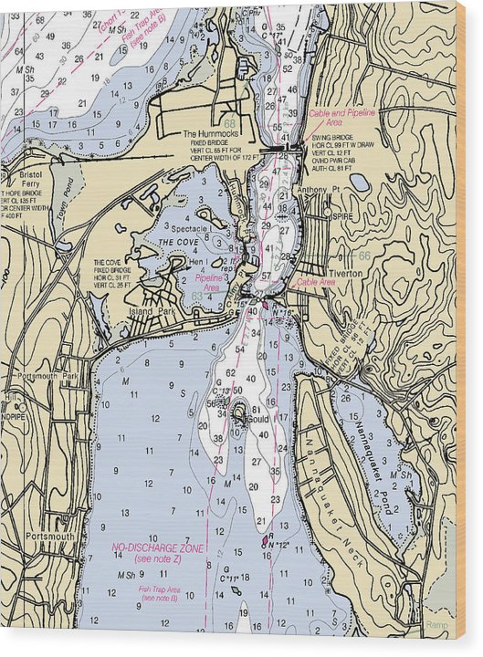 Tiverton-Rhode Island Nautical Chart Wood Print