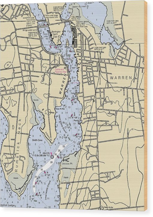 Warren-Rhode Island Nautical Chart Wood Print