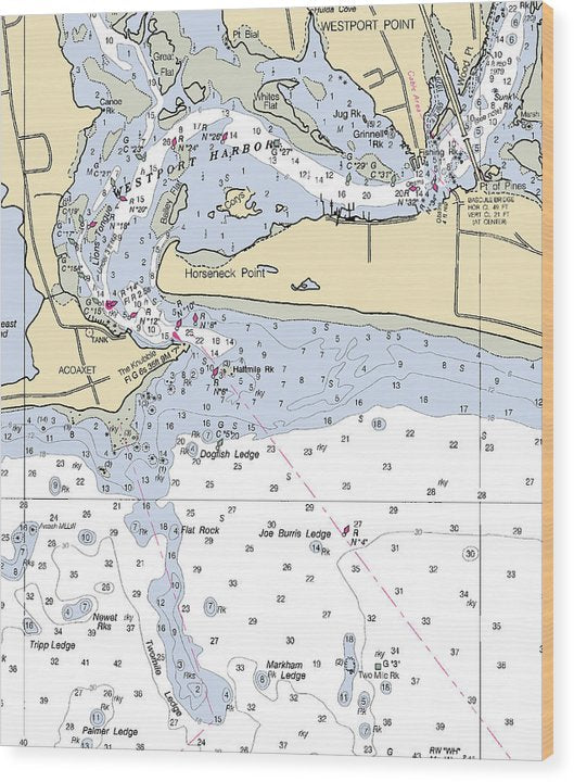 Westport Harbor-Massachusetts Nautical Chart Wood Print