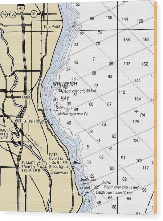 Whitefish Bay-Lake Michigan Nautical Chart Wood Print