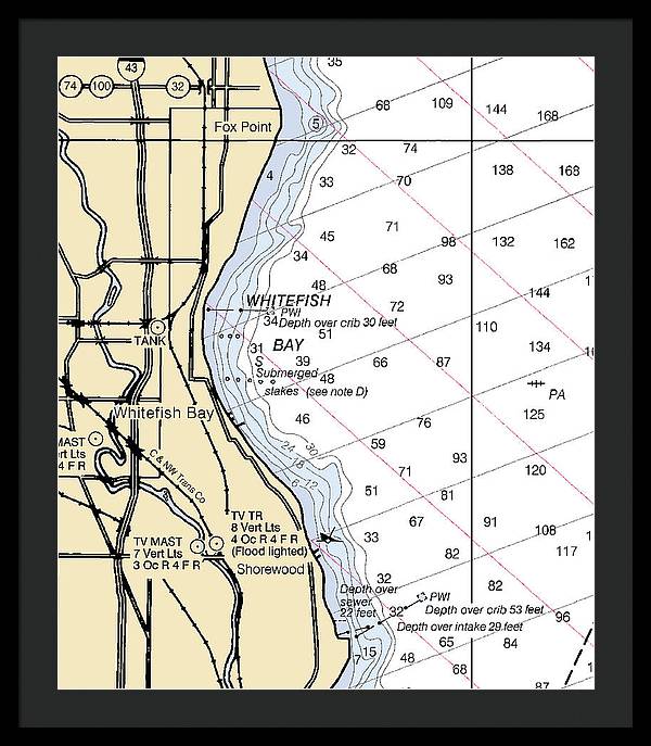 Whitefish Bay-lake Michigan Nautical Chart - Framed Print