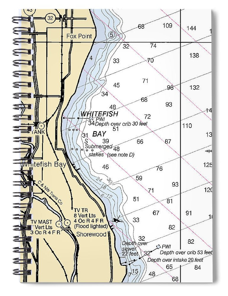 Whitefish Bay Lake Michigan Nautical Chart Spiral Notebook