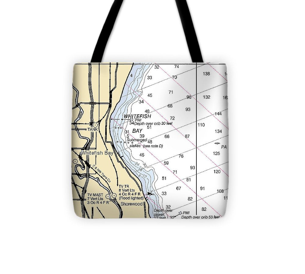 Whitefish Bay Lake Michigan Nautical Chart Tote Bag