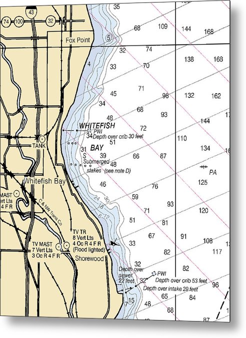 A beuatiful Metal Print of the Whitefish Bay-Lake Michigan Nautical Chart - Metal Print by SeaKoast.  100% Guarenteed!