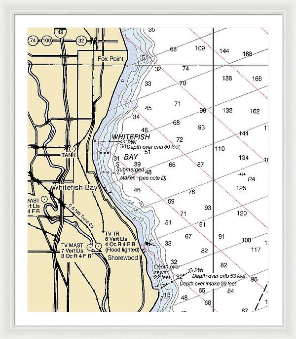 Whitefish Bay-lake Michigan Nautical Chart - Framed Print