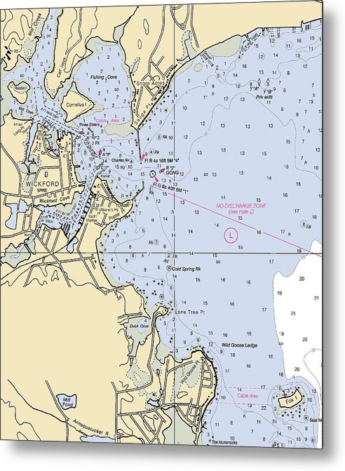 A beuatiful Metal Print of the Wickford -Rhode Island Nautical Chart _V2 - Metal Print by SeaKoast.  100% Guarenteed!