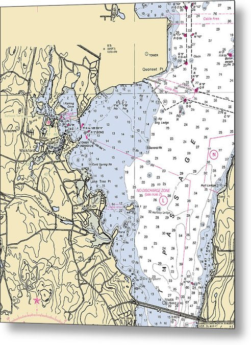 A beuatiful Metal Print of the Wickford -Rhode Island Nautical Chart _V3 - Metal Print by SeaKoast.  100% Guarenteed!