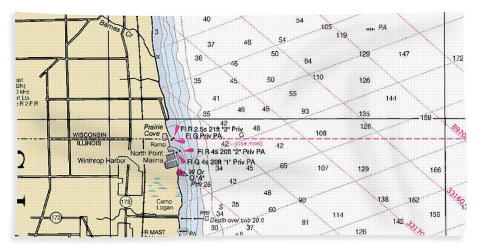 Winthrop Harbor-lake Michigan Nautical Chart - Bath Towel
