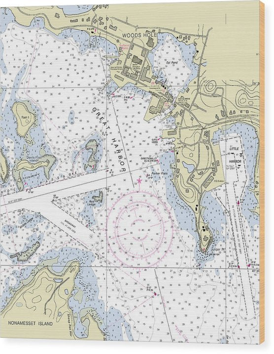 Woods Hole Massachusetts Nautical Chart Wood Print